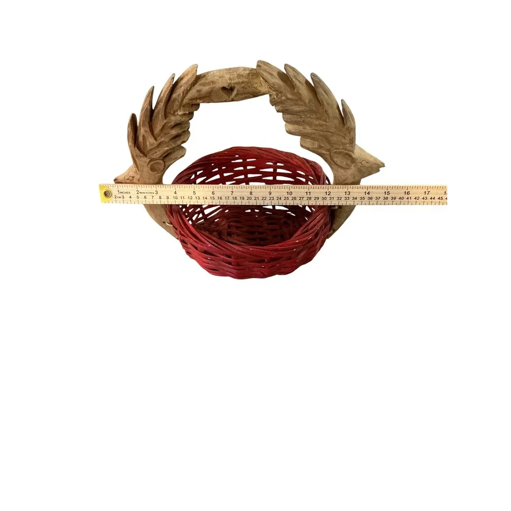 Vintage Hand Carved Wood Deer Handle Red Wicker Basket Rustic Folk Art 15x12x8.5